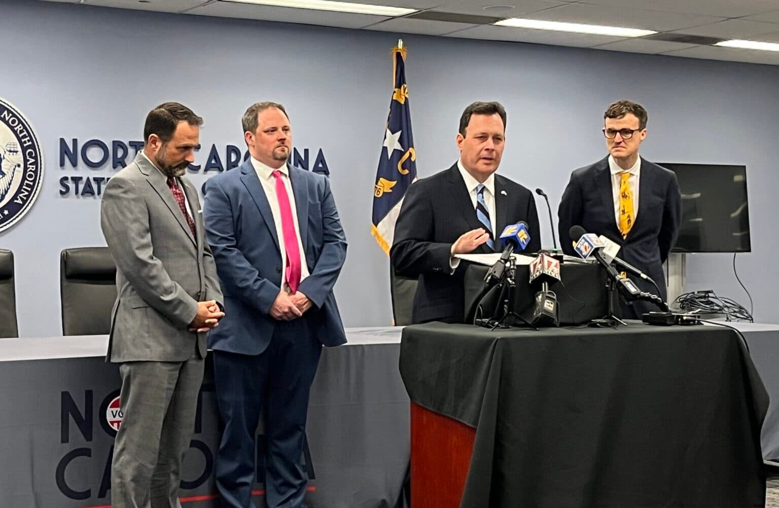North Carolina State Board of Elections staff speak at a September 3, 2026 news conference.