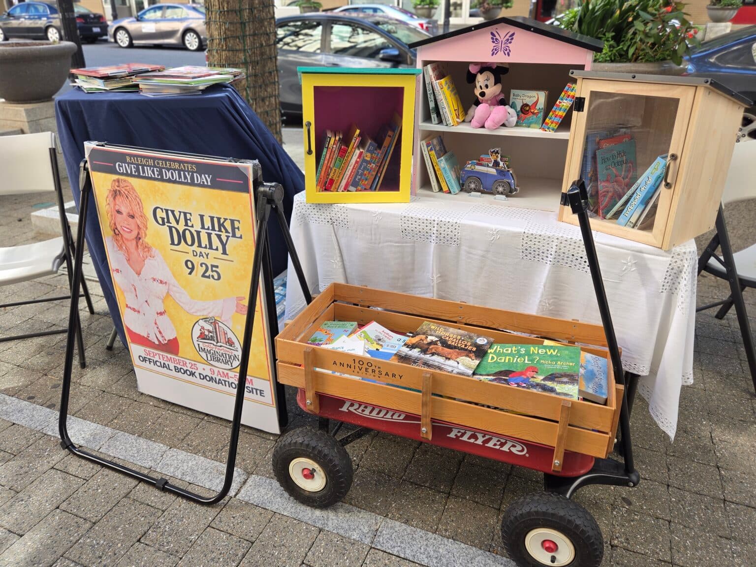 Donated children’s books are displayed for a Dolly Parton literacy tribute in Raleigh.