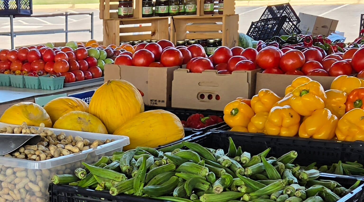 Fresh vegetables and fruit are displayed at the State Farmers Market in Raleigh.