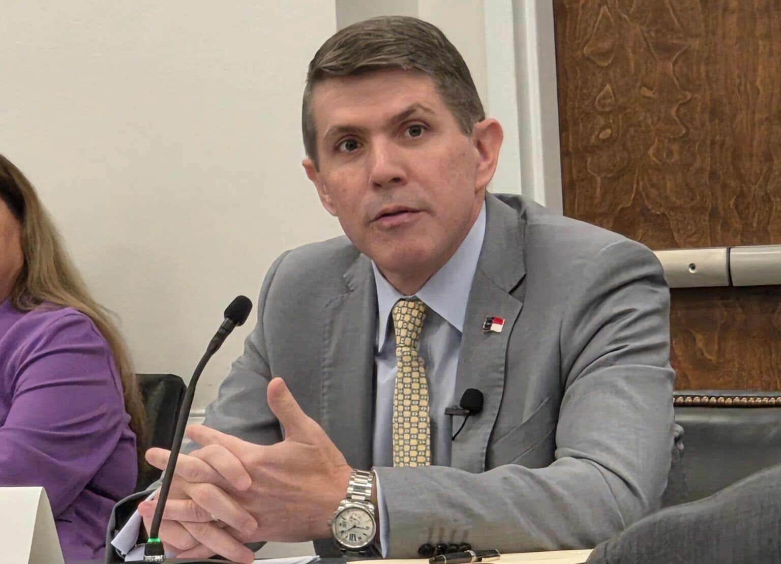 North Carolina Treasurer Brad Briner speaks at a meeting.