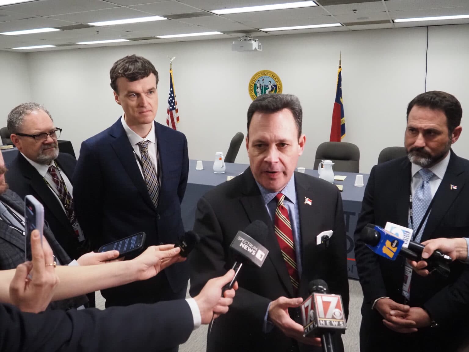 North Carolina elections director Sam Hayes answers reporters’ questions on March 18, 2026.