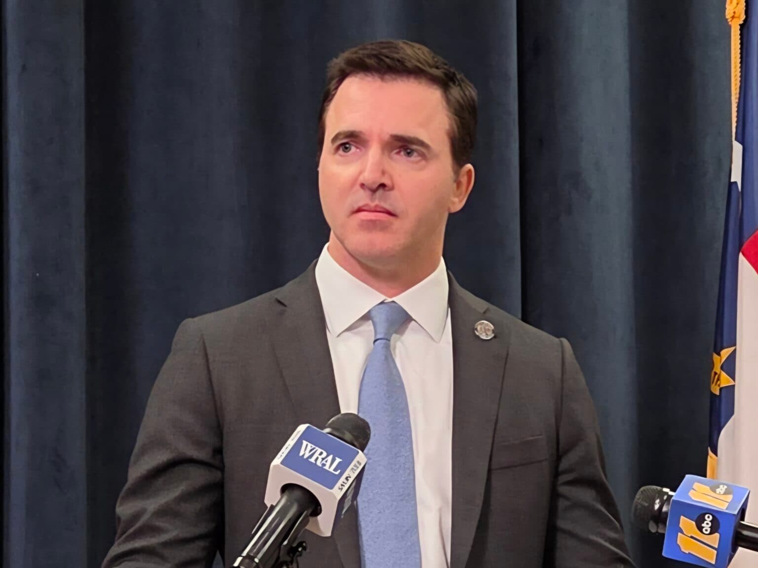 North Carolina Attorney General Jeff Jackson speaks with reporters on August 26, 2026.
