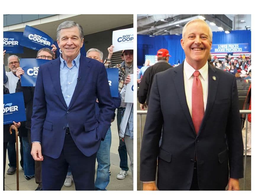 Roy Cooper, left, and Michael Whatley, right, in photographs from their campaign events.